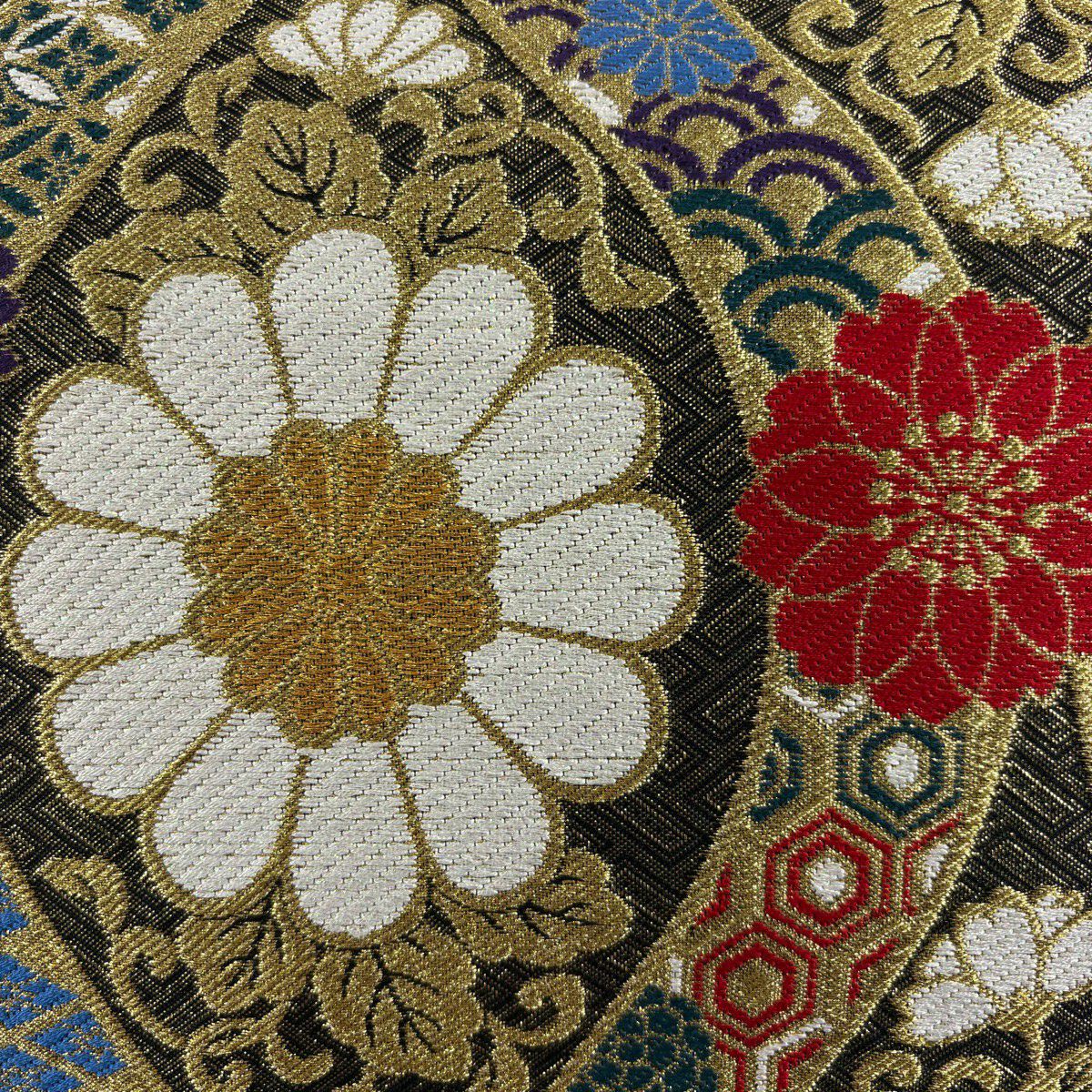 【美品】 袋帶 秀品級 立涌 菊花唐草紋 金金箔 唐織 墨 深藍 六通 純蠶絲