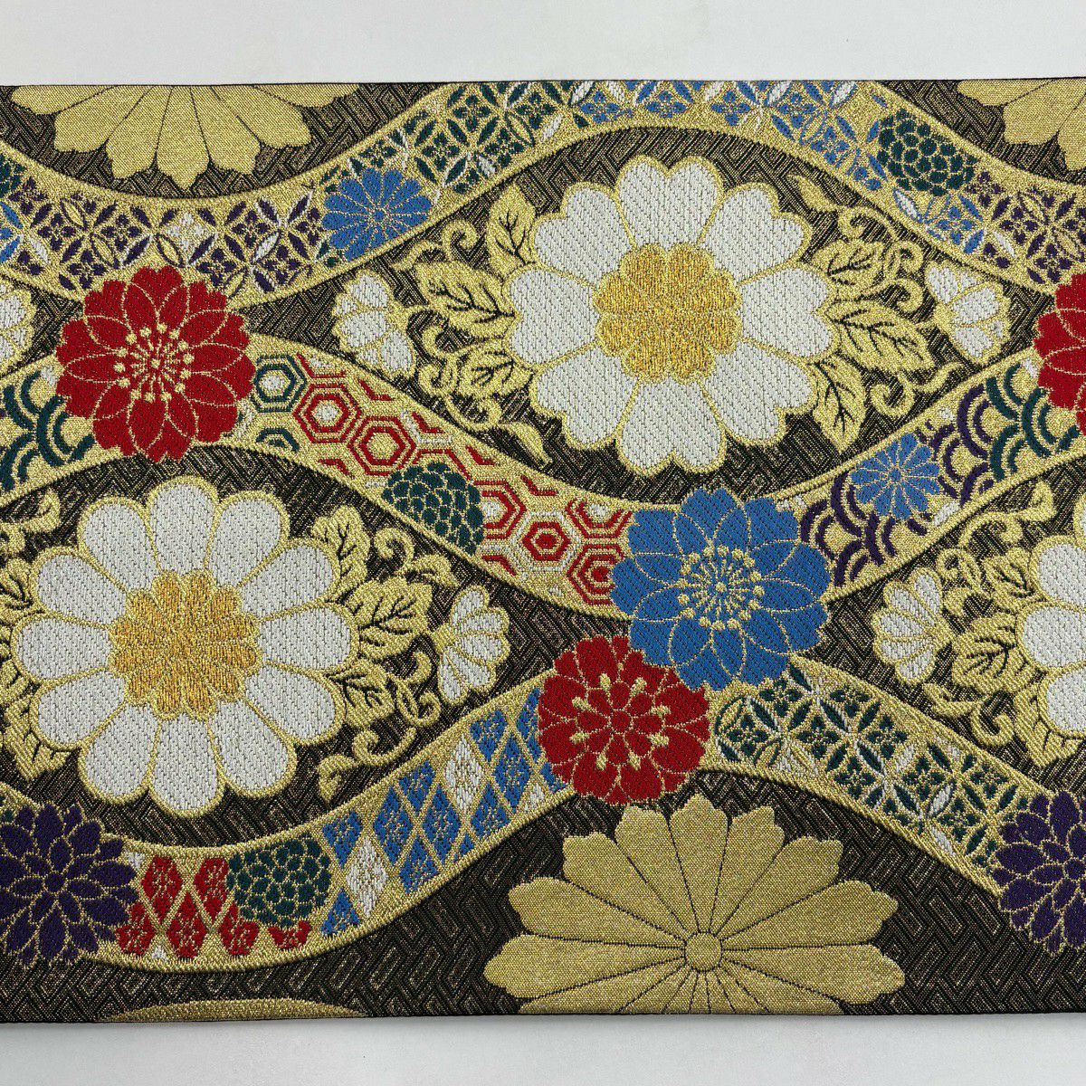 【美品】 袋帶 秀品級 立涌 菊花唐草紋 金金箔 唐織 墨 深藍 六通 純蠶絲
