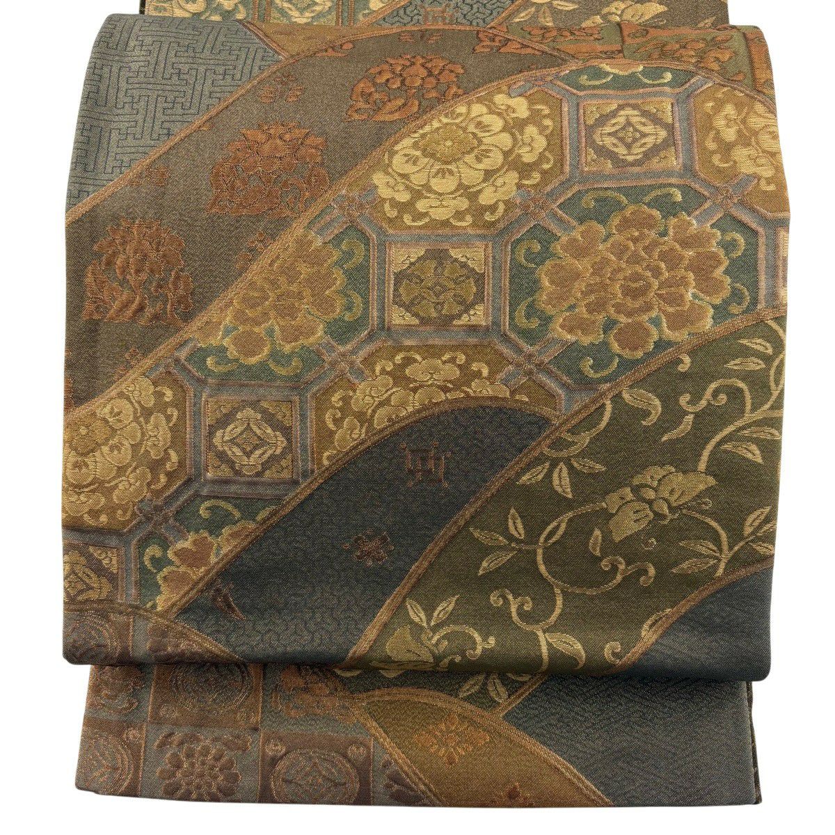 【美品】 袋帶 秀品級 蜀江華紋 花唐草紋 金金箔 金絲 深綠 六通 純蠶絲