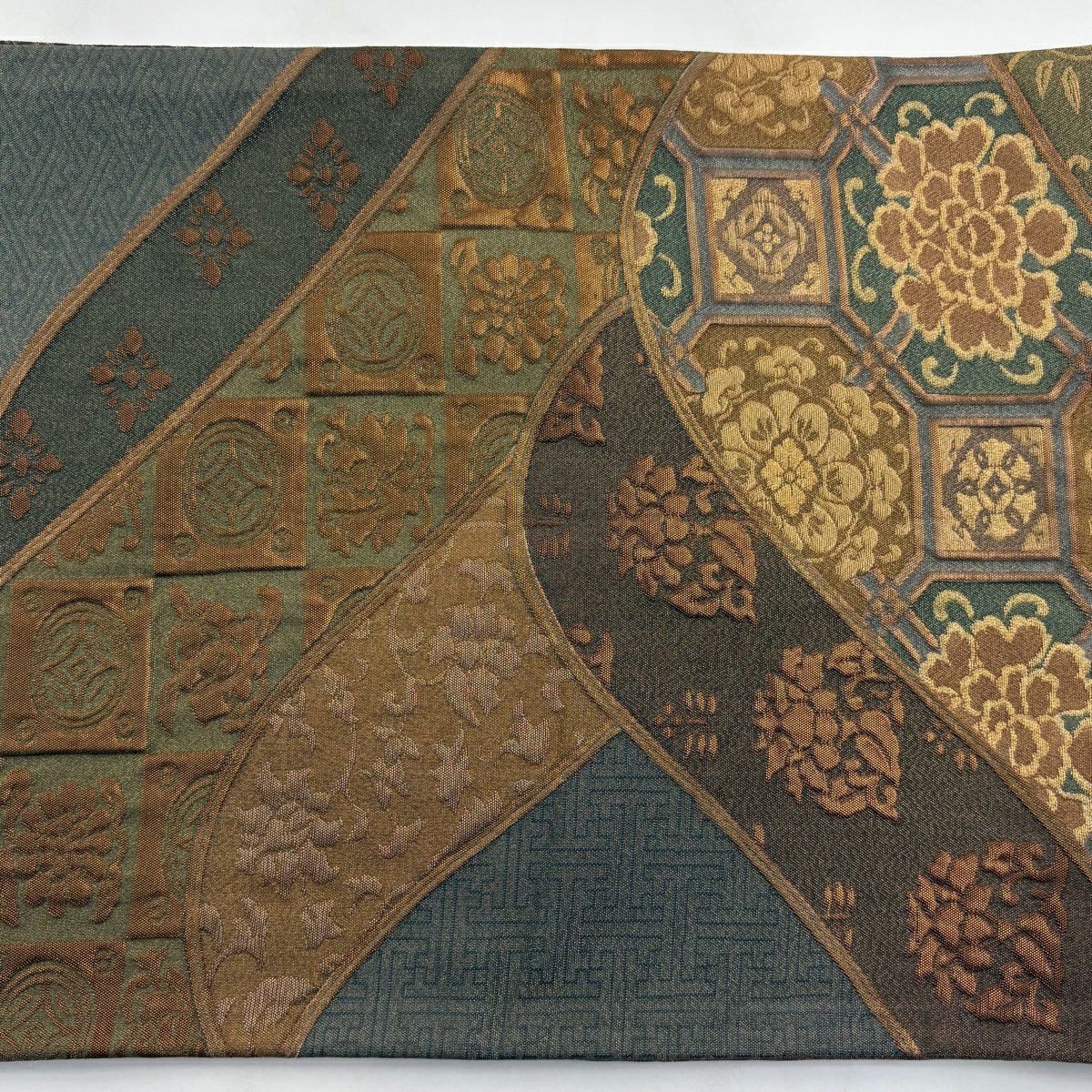 【美品】 袋帶 秀品級 蜀江華紋 花唐草紋 金金箔 金絲 深綠 六通 純蠶絲