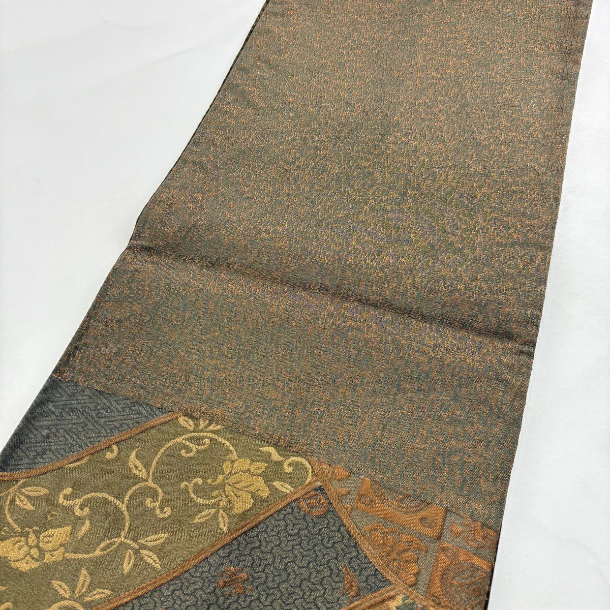 【美品】 袋帶 秀品級 蜀江華紋 花唐草紋 金金箔 金絲 深綠 六通 純蠶絲