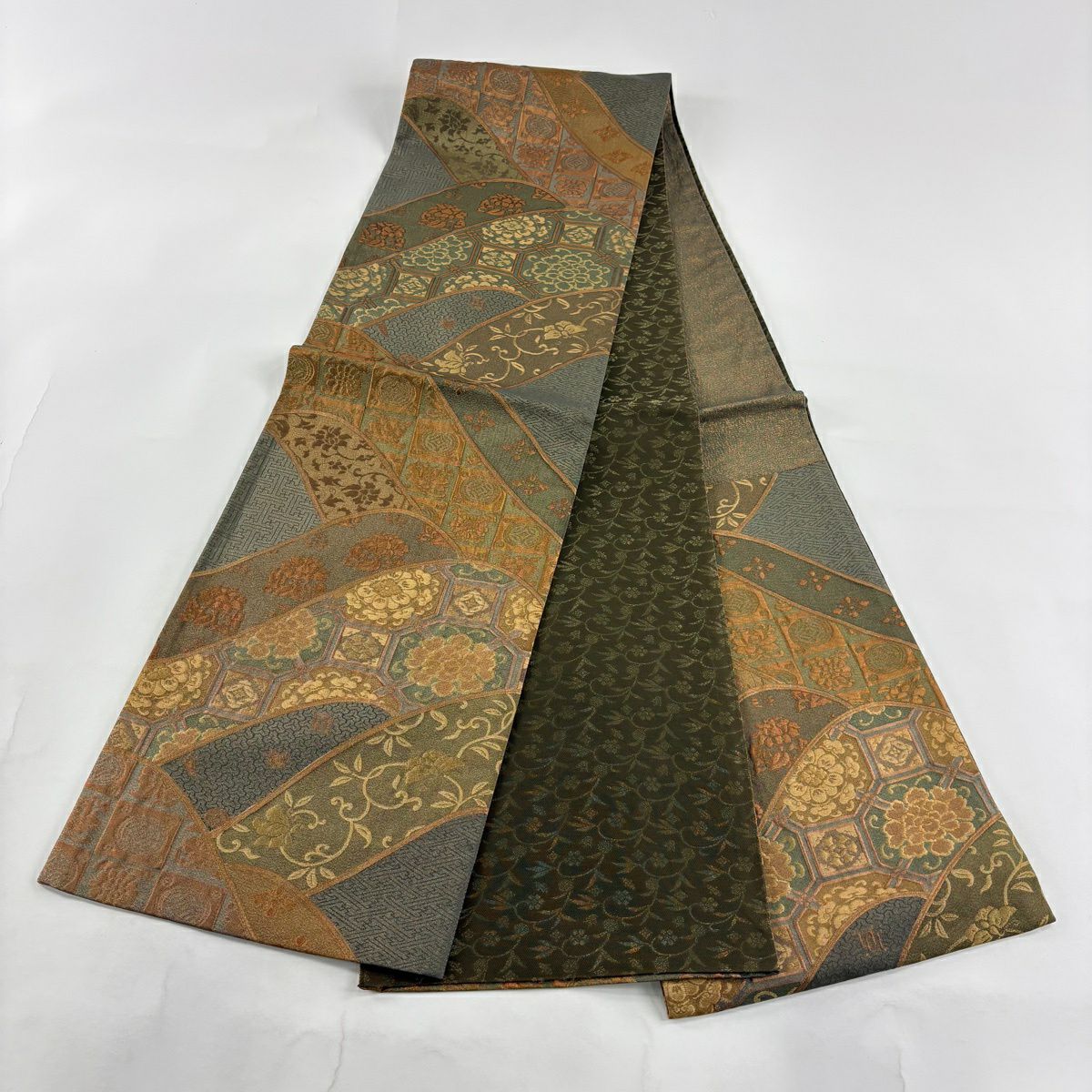 【美品】 袋帶 秀品級 蜀江華紋 花唐草紋 金金箔 金絲 深綠 六通 純蠶絲