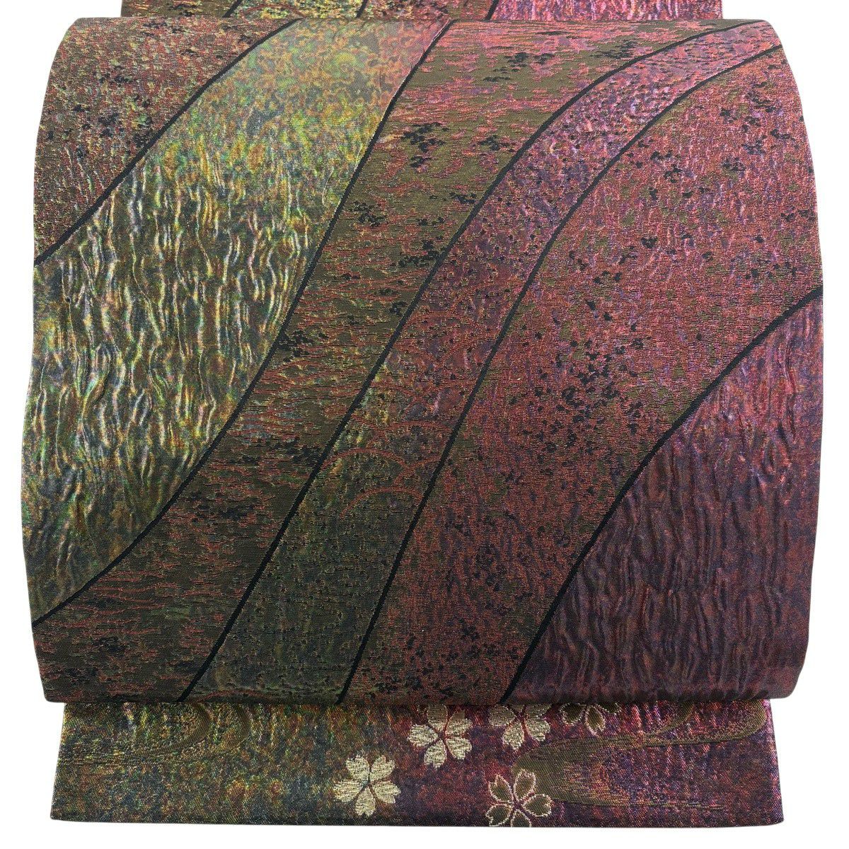 【美品】 袋帶 秀品級 よろけ縞 波 金金箔 紅紫 六通 純蠶絲