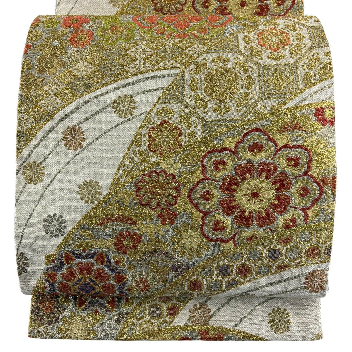 【美品】 袋帶 秀品級 有落款 華紋 松樹竹子梅花 金金箔 奶油色 六通 純蠶絲