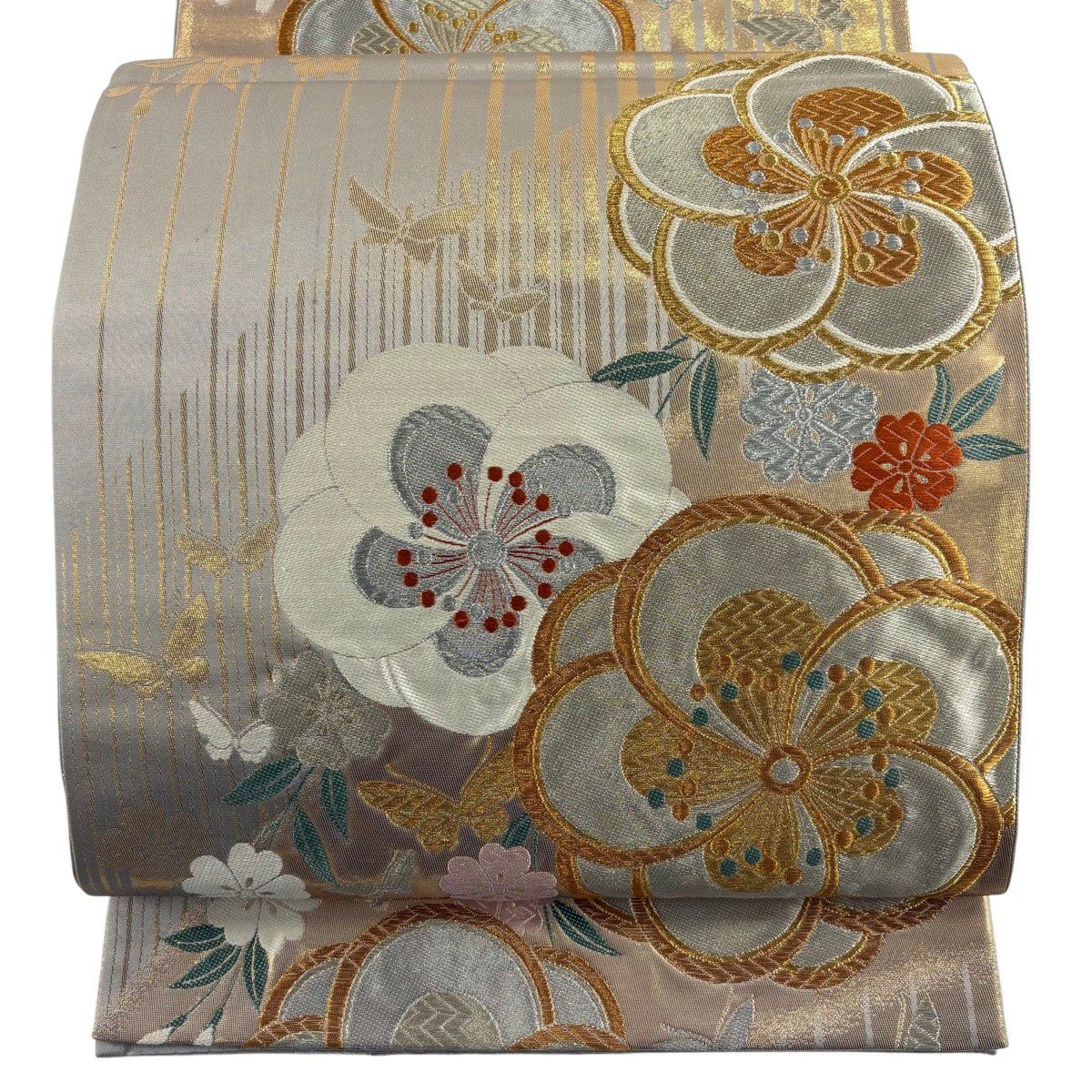 【美品】 袋帶 秀品級 旋梅花 蝴蝶 金銀彩 唐織 灰色 六通 純蠶絲