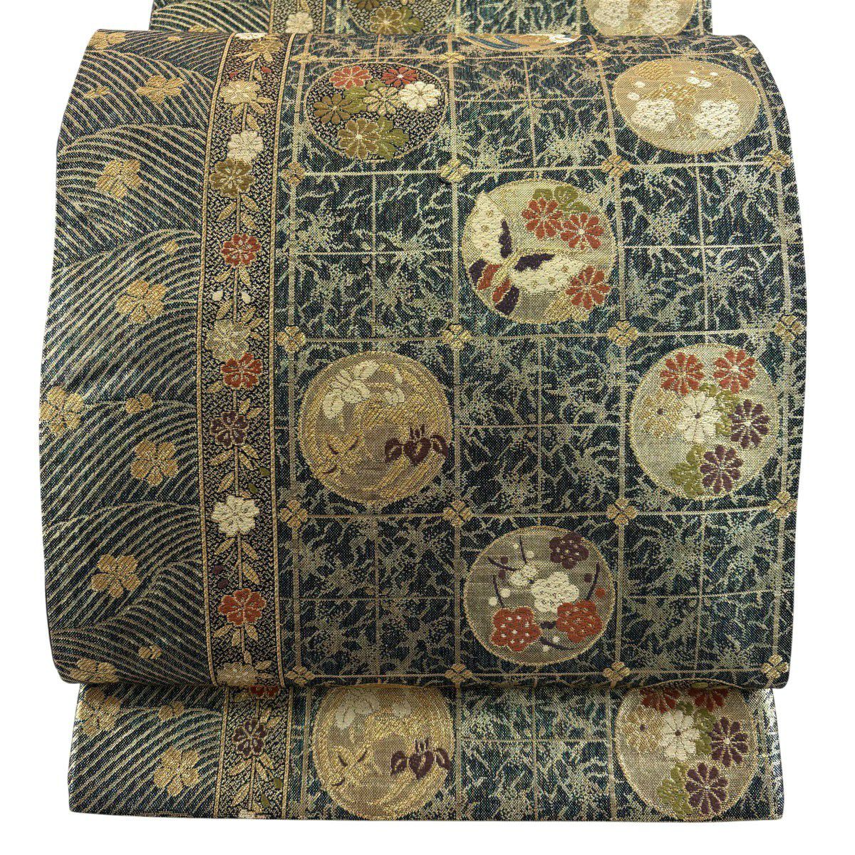 【美品】 袋帶 秀品級 蝶 梅花 金絲 金金箔 綠 六通 純蠶絲