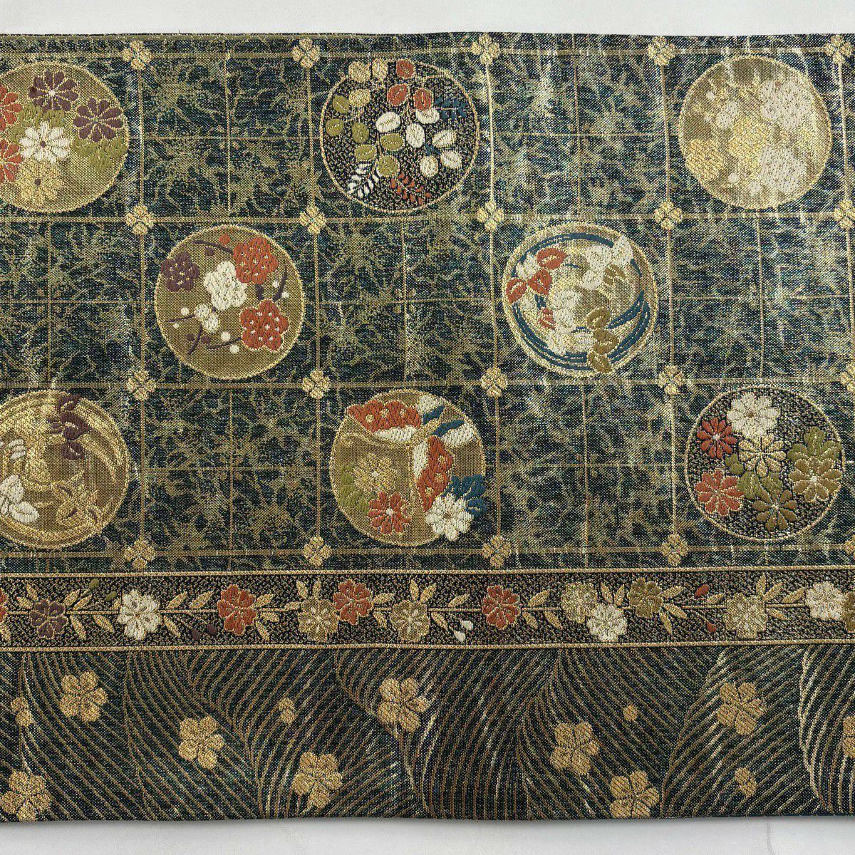 【美品】 袋帶 秀品級 蝶 梅花 金絲 金金箔 綠 六通 純蠶絲