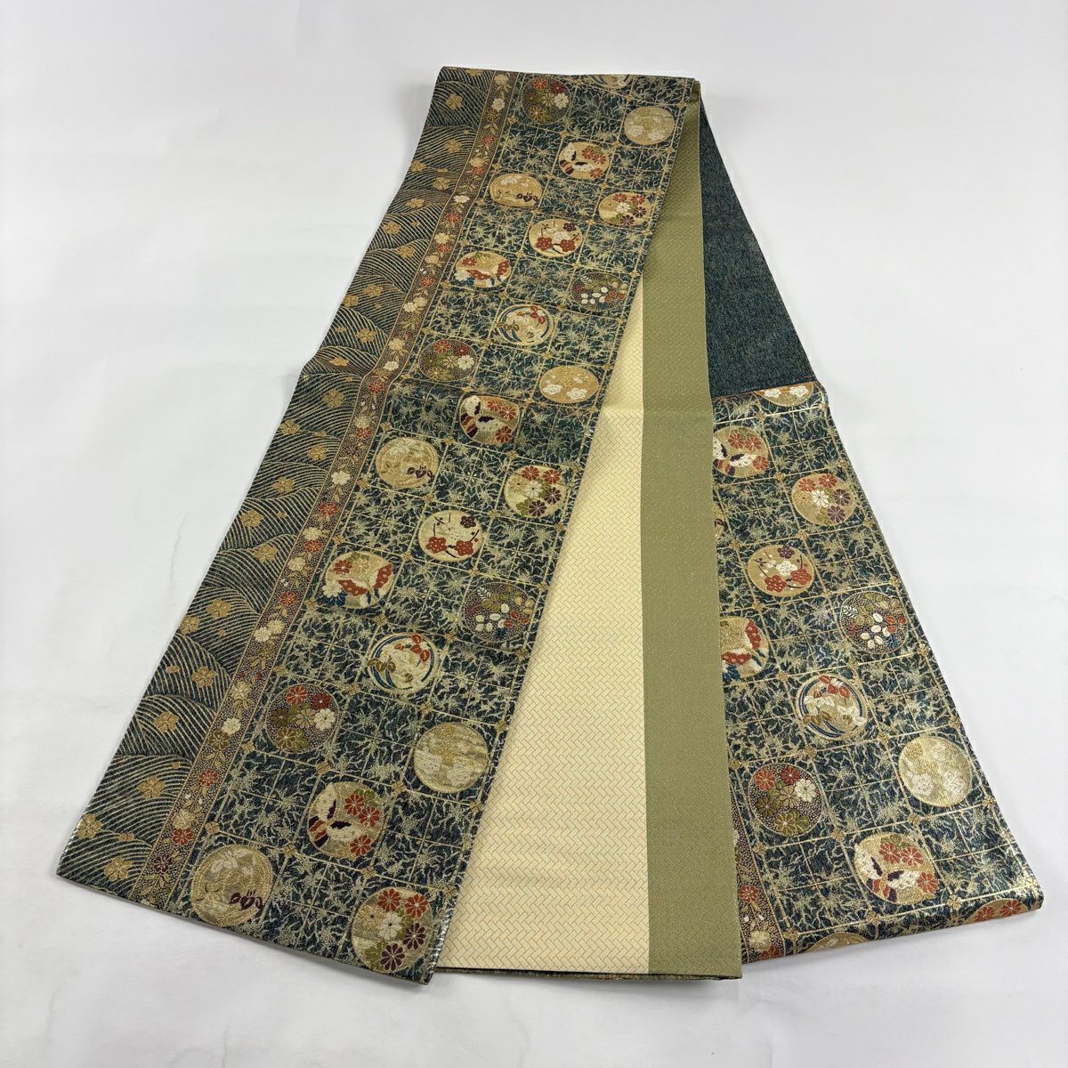 【美品】 袋帶 秀品級 蝶 梅花 金絲 金金箔 綠 六通 純蠶絲