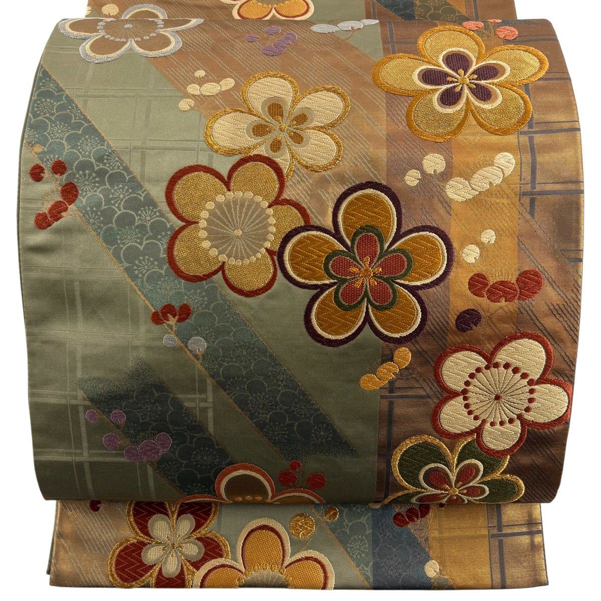 【美品】 袋帶 秀品級 梅花 斜紋 金絲 金金箔 茶綠 全通 純蠶絲