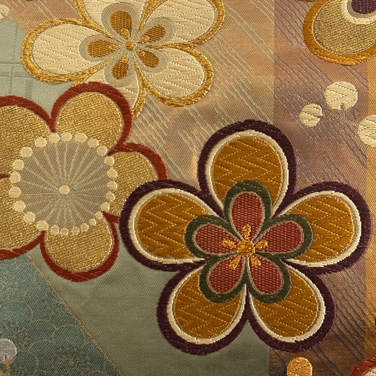 【美品】 袋帶 秀品級 梅花 斜紋 金絲 金金箔 茶綠 全通 純蠶絲