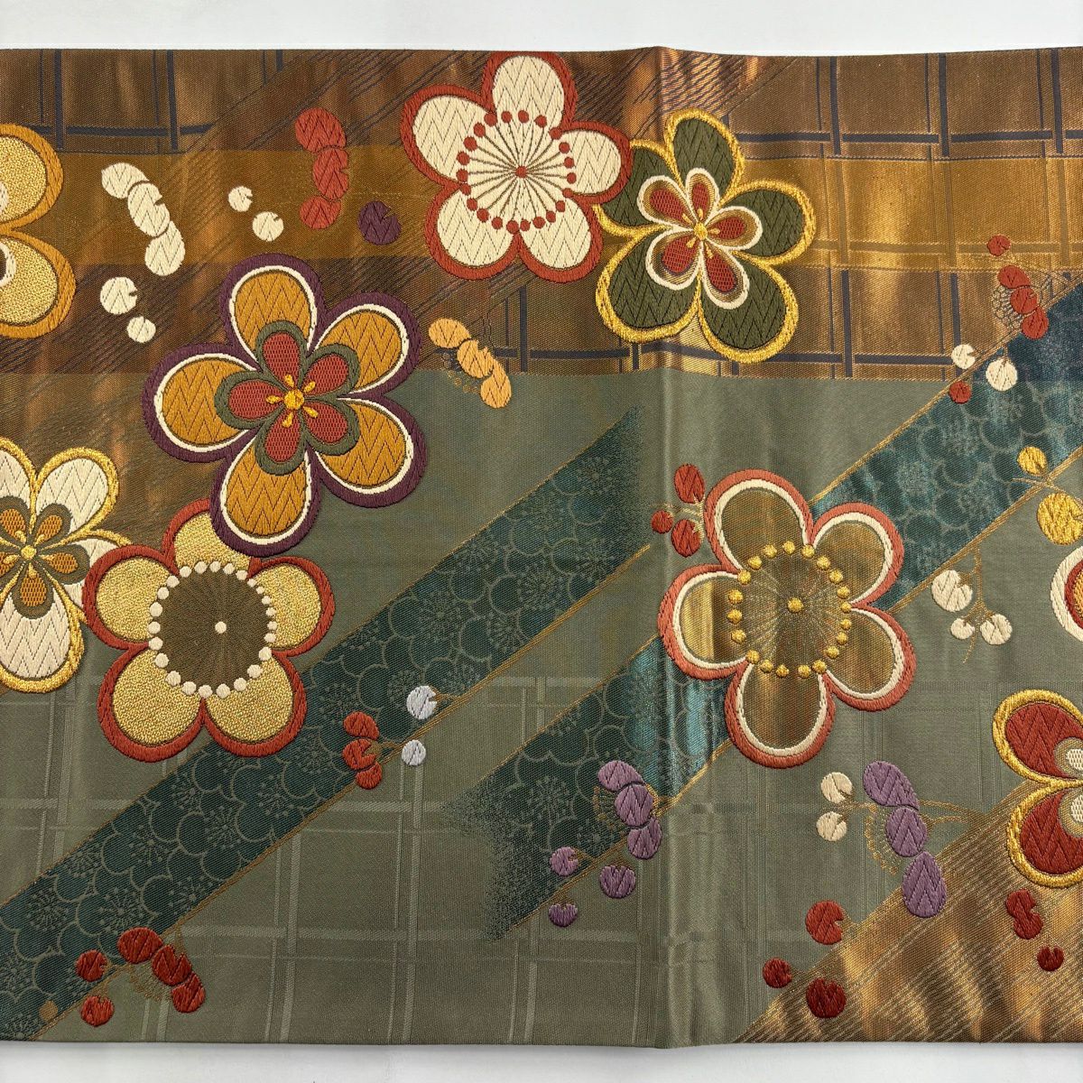 【美品】 袋帶 秀品級 梅花 斜紋 金絲 金金箔 茶綠 全通 純蠶絲