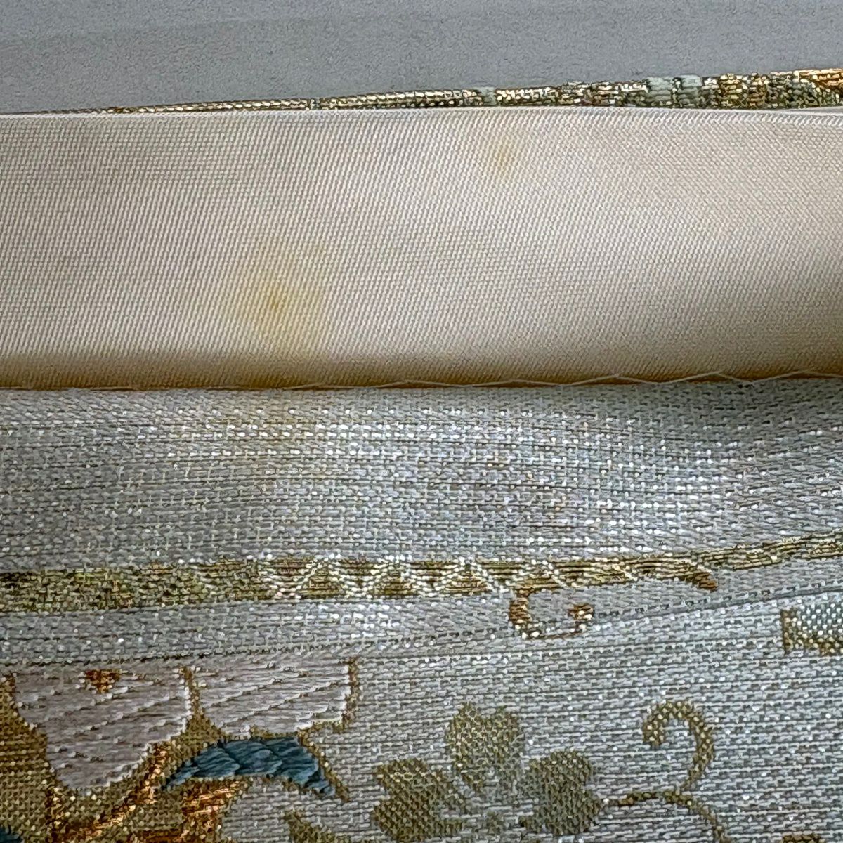 袋帶 秀品級 花丸紋 鳳凰 金絲 金金箔 米色 六通 純蠶絲