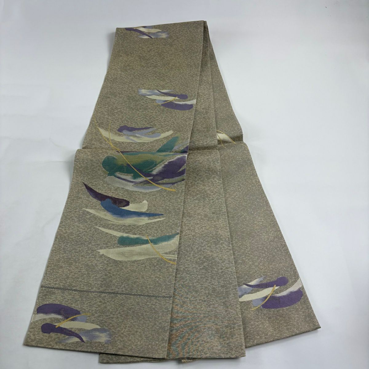【美品】 袋帶 秀品級 幾何學 金金箔 灰茶 お太鼓圖案 純蠶絲