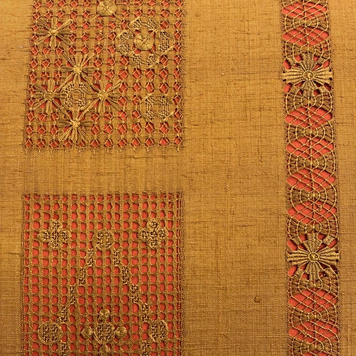 【美品】 名古屋帶 秀品級 附落款 紬織織 花 菱 刺繡 山吹茶 純蠶絲