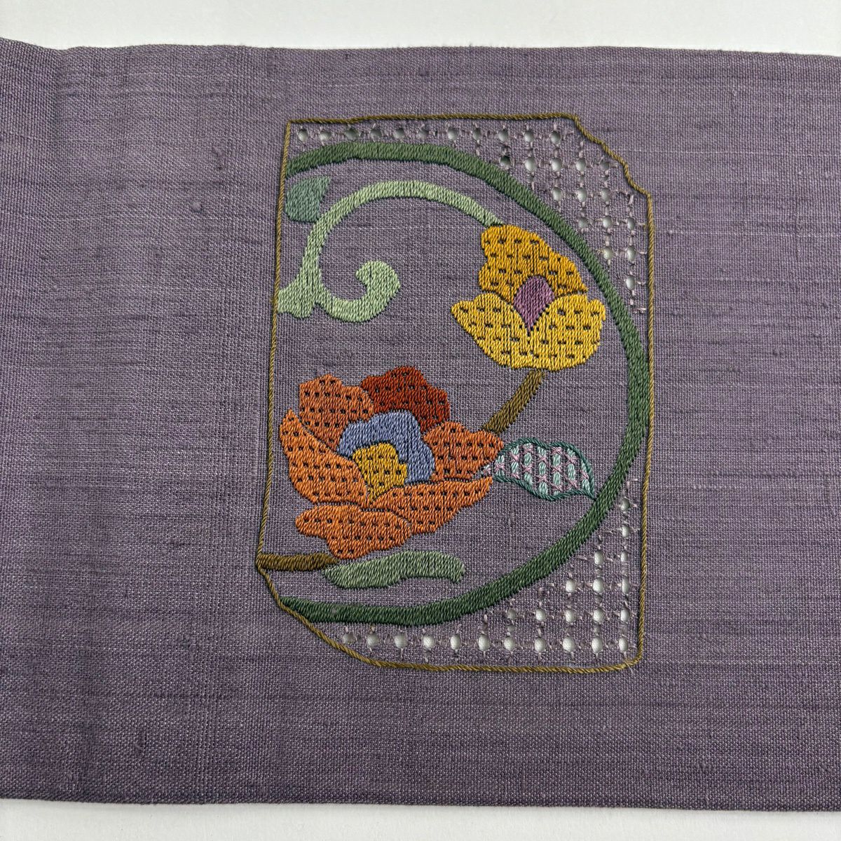 名古屋帶 秀品級 紬織織 草花紋紋 刺繡 薄紫 純蠶絲