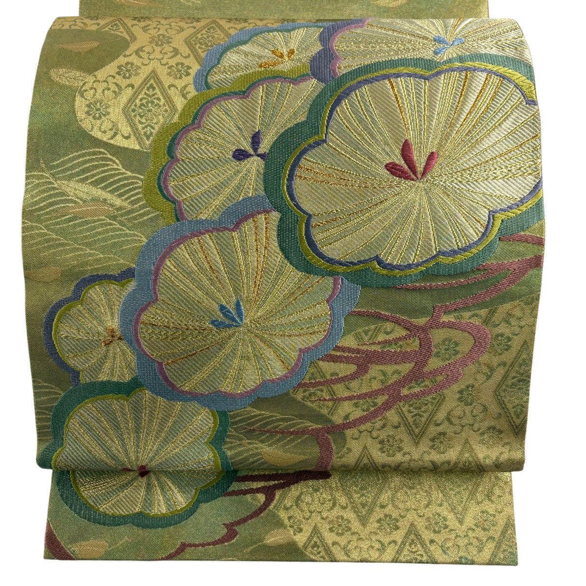 【美品】 袋帶 秀品級 松樹 菱 金絲 金金箔 金 六通 純蠶絲
