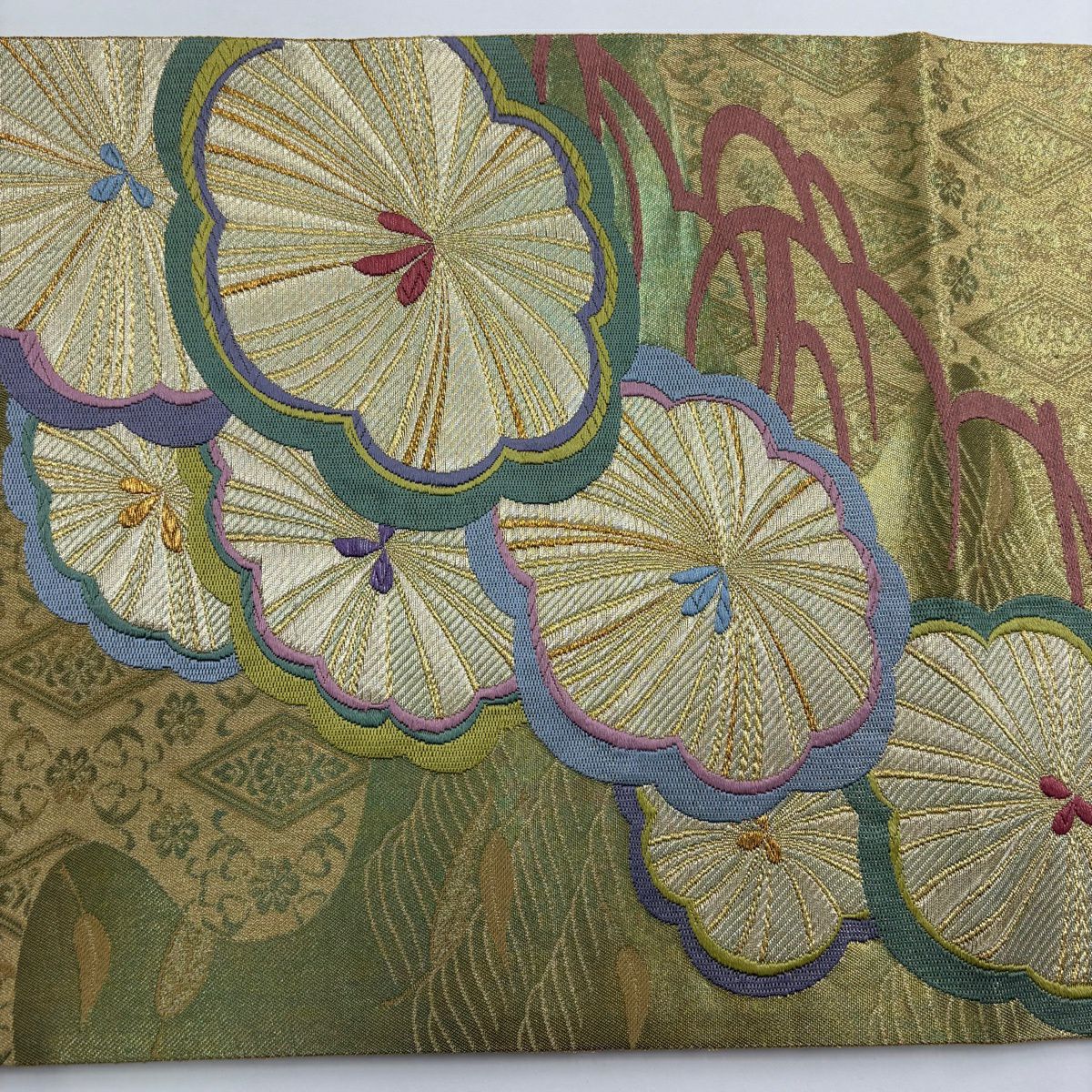 【美品】 袋帶 秀品級 松樹 菱 金絲 金金箔 金 六通 純蠶絲
