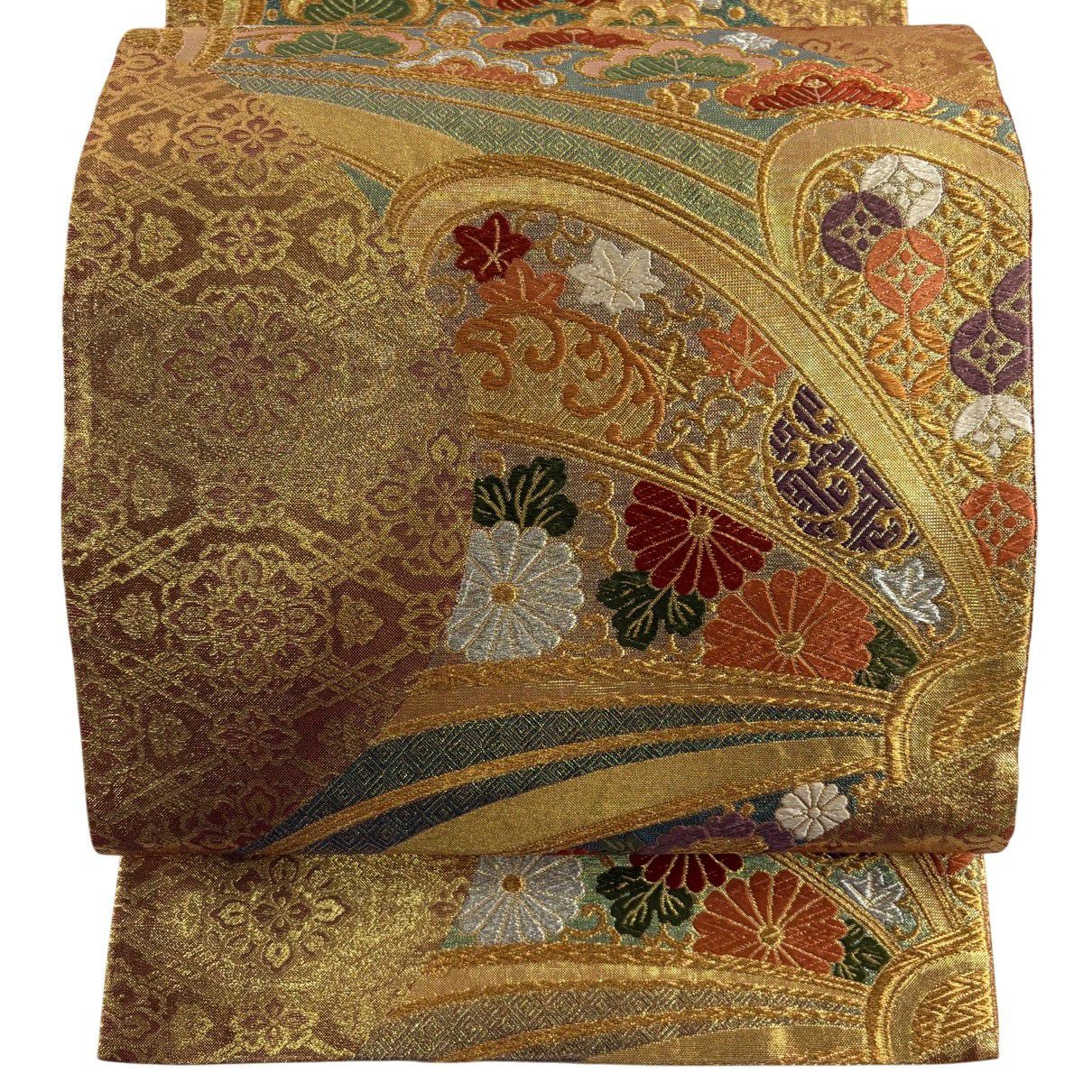 【美品】 袋帶 秀品級 松樹 菊花 金銀彩 金色 全通 純蠶絲
