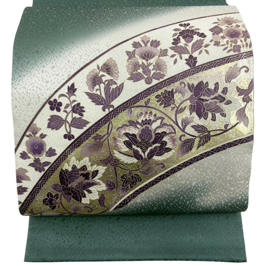 袋帶 秀品級 草花紋紋 霞 銀線 金銀彩 灰綠色 大鼓圖案 純蠶絲