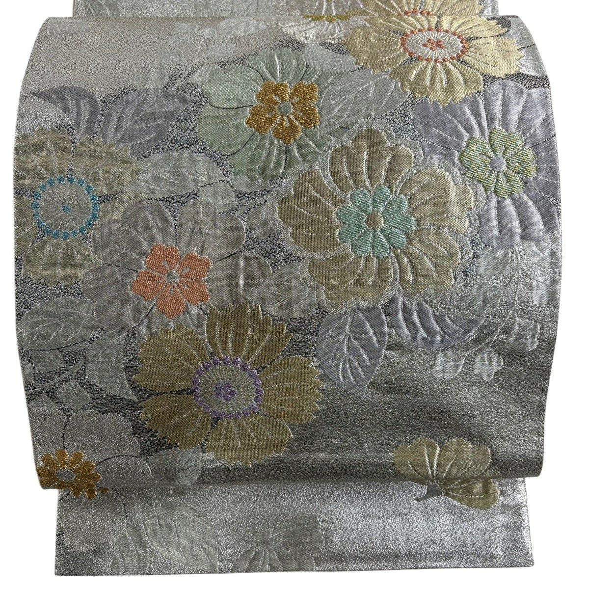 【美品】 袋帶 秀品級 草花紋 金銀彩 金金箔 銀 六通 純蠶絲