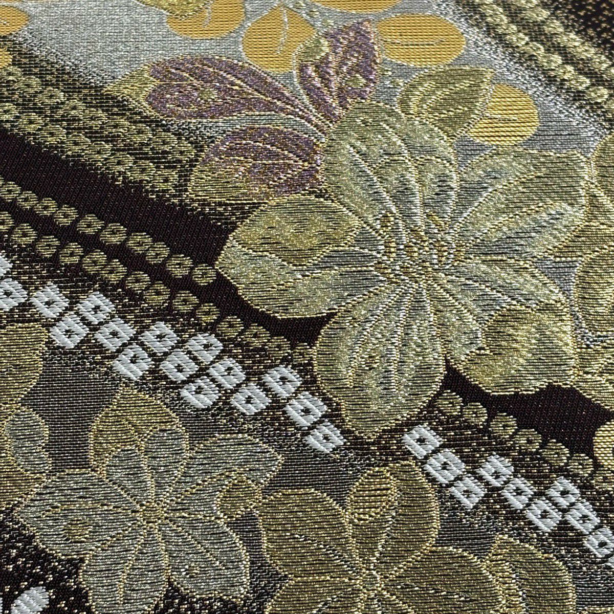 【美品】 袋帶 秀品級 草花紋紋 疋田 金銀彩 金金箔 茶 六通 純蠶絲