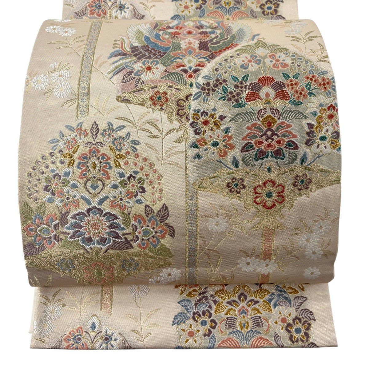 【美品】 袋帶 秀品級 向鳥文 兔子 金絲 金金箔 奶油 六通 純蠶絲