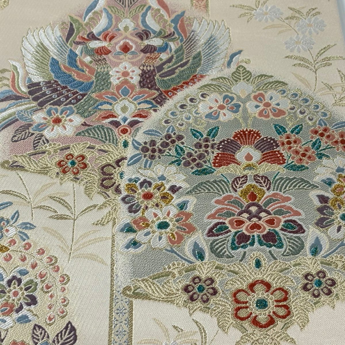 【美品】 袋帶 秀品級 向鳥文 兔子 金絲 金金箔 奶油 六通 純蠶絲
