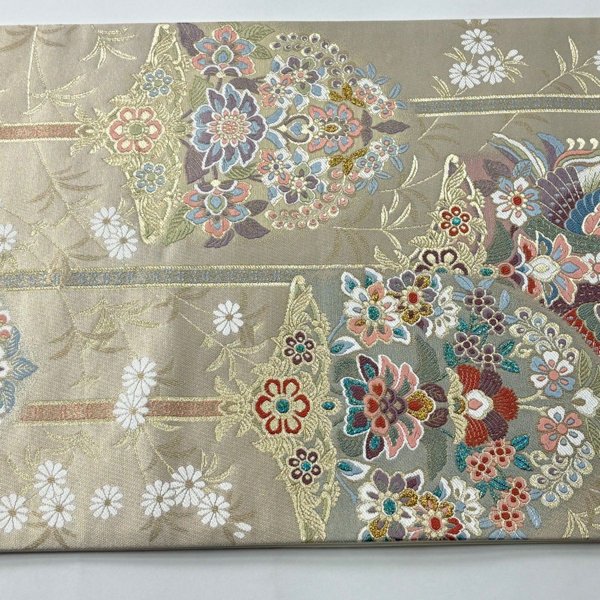 【美品】 袋帶 秀品級 向鳥文 兔子 金絲 金金箔 奶油 六通 純蠶絲