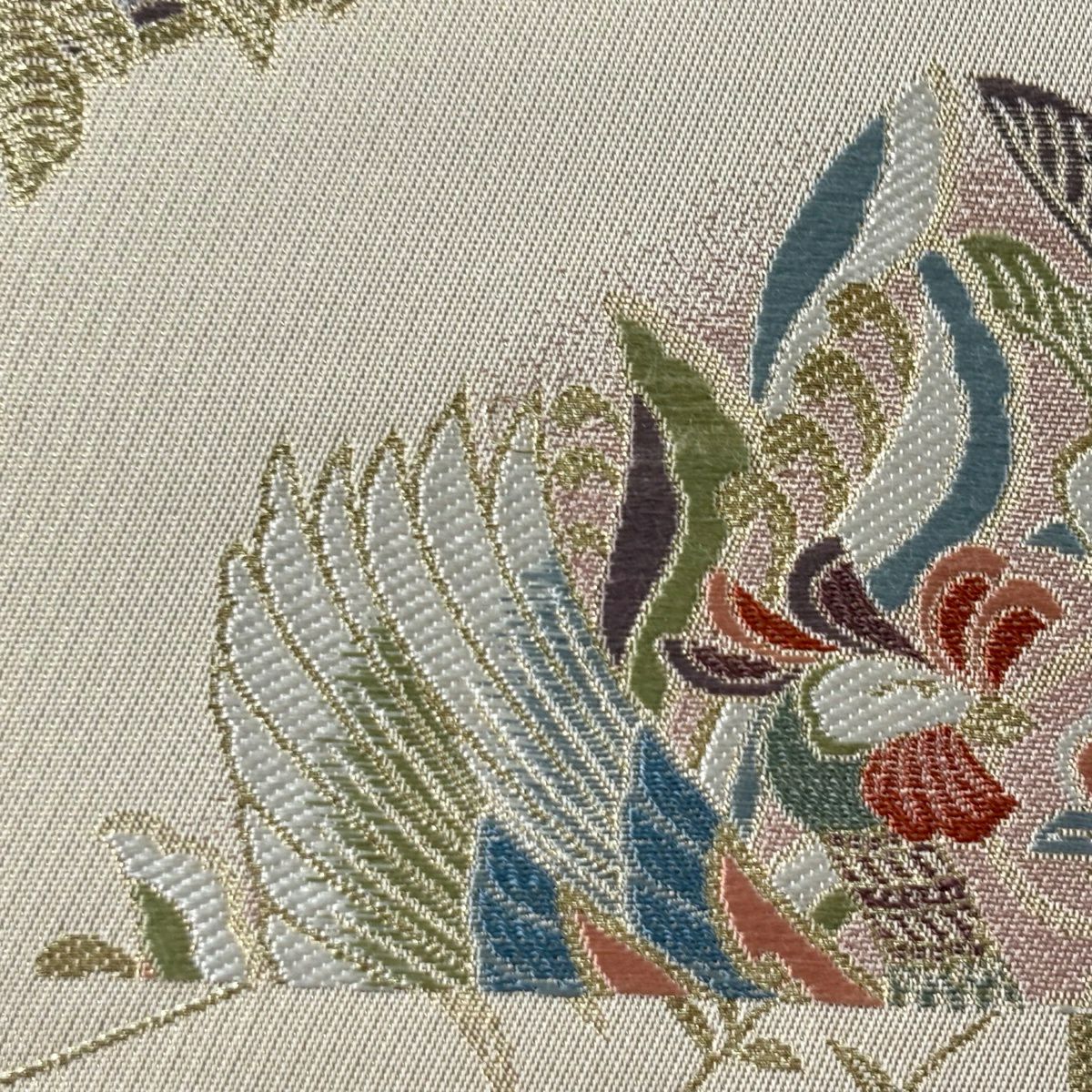 【美品】 袋帶 秀品級 向鳥文 兔子 金絲 金金箔 奶油 六通 純蠶絲