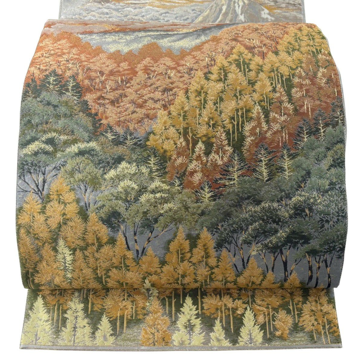 【美品】 袋帶 秀品級 關西仕立 紅葉 山 里松樹紹巴 灰色 大鼓圖案 純蠶絲