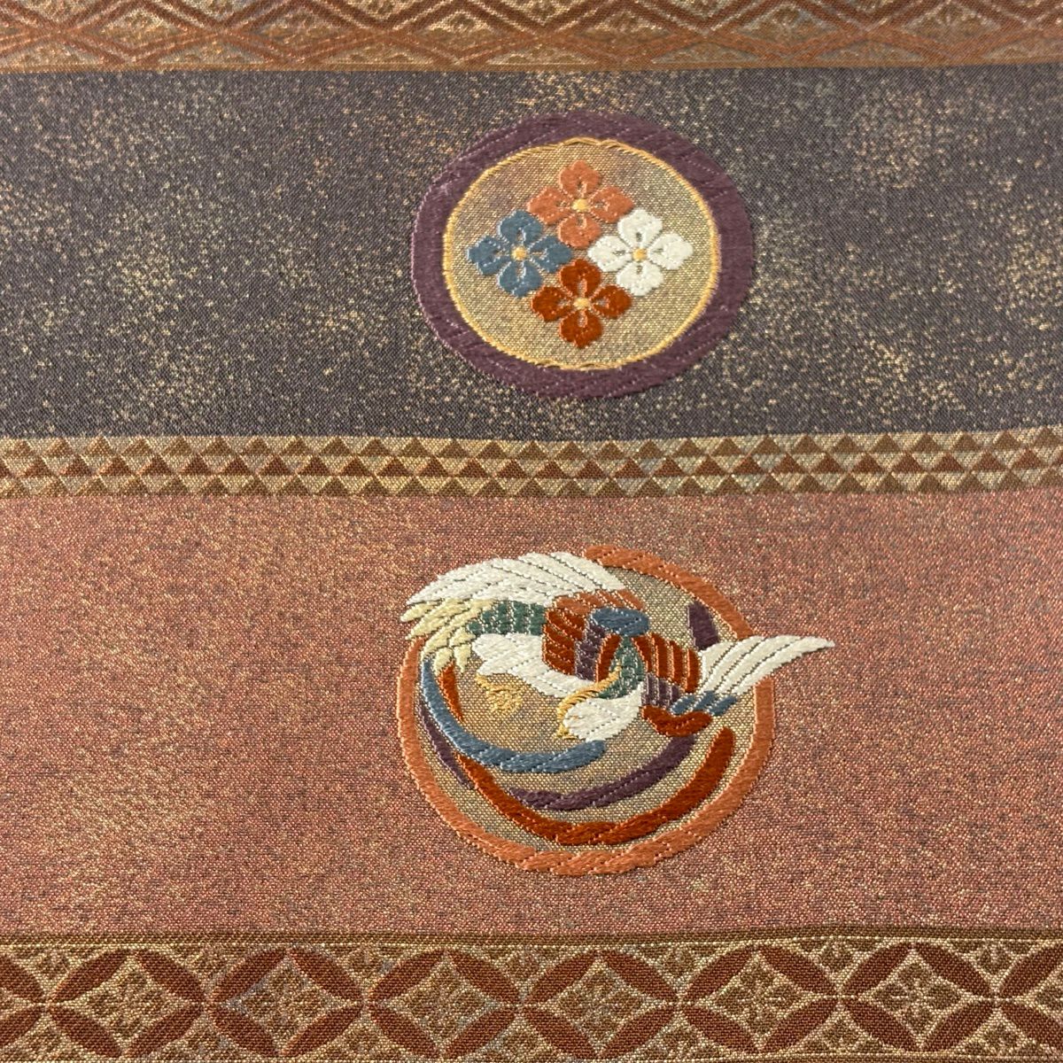 【美品】 袋帶 秀品級 文盡鳳凰圖案 花菱 唐織 金絲 灰紫 六通 純蠶絲