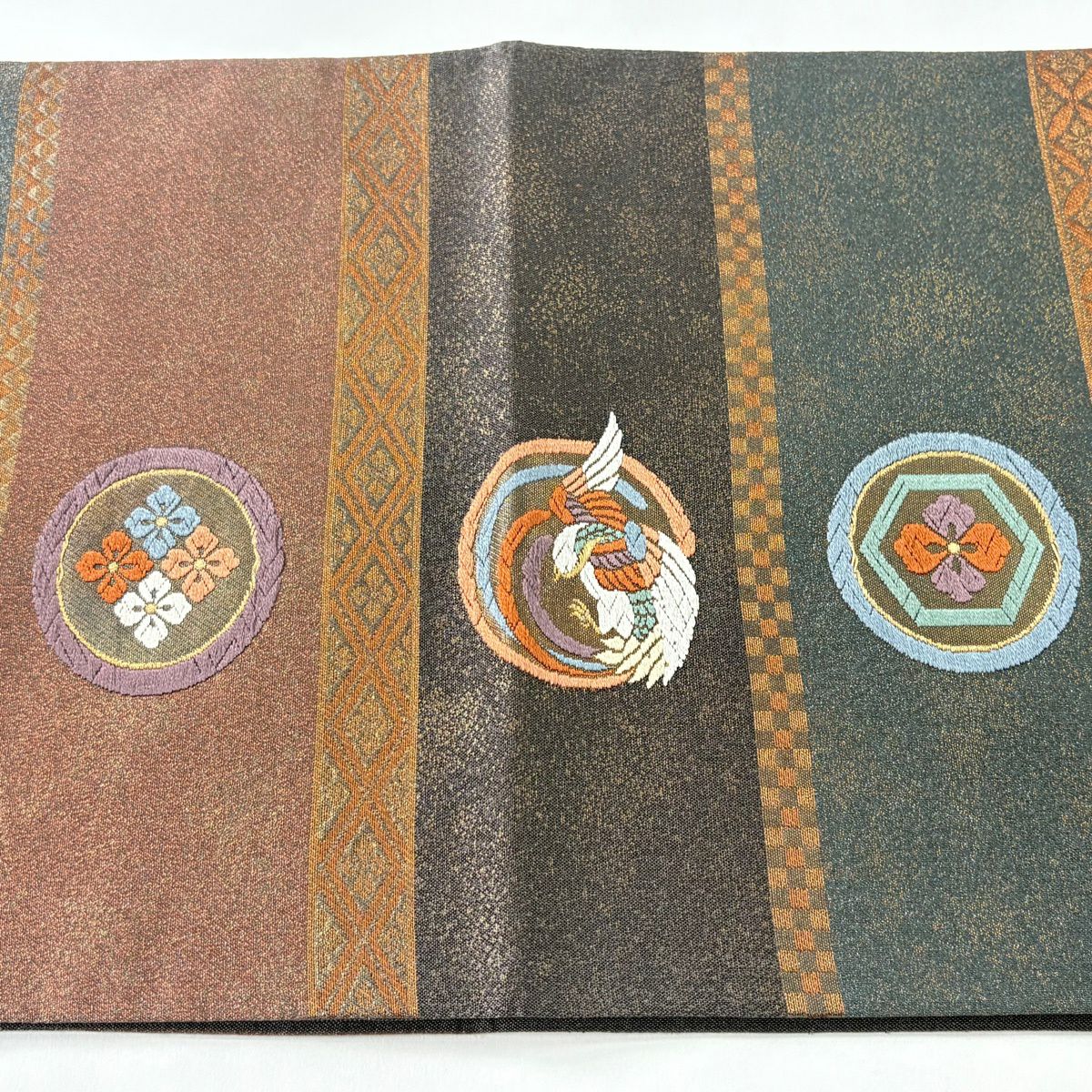 【美品】 袋帶 秀品級 文盡鳳凰圖案 花菱 唐織 金絲 灰紫 六通 純蠶絲