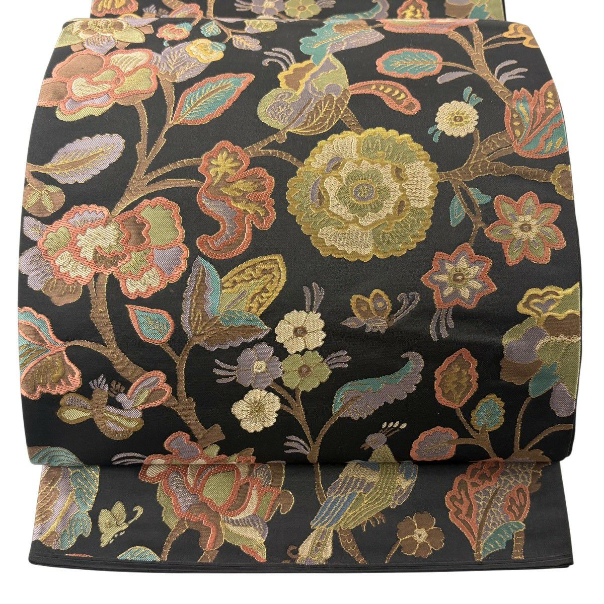 【美品】 袋帶 秀品級 枝花 孔雀 金金箔 黑 六通 純蠶絲