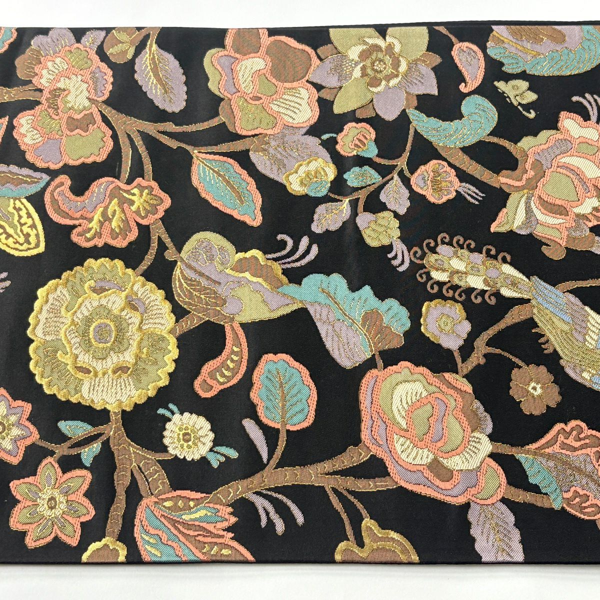 【美品】 袋帶 秀品級 枝花 孔雀 金金箔 黑 六通 純蠶絲