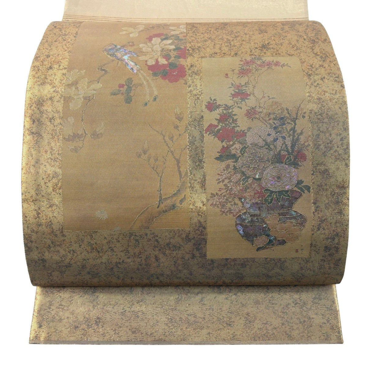 【美品】 袋帶 秀品級 關西仕立 短冊 花鳥 螺鈿金金箔 金銀彩 お太鼓圖案 純蠶絲