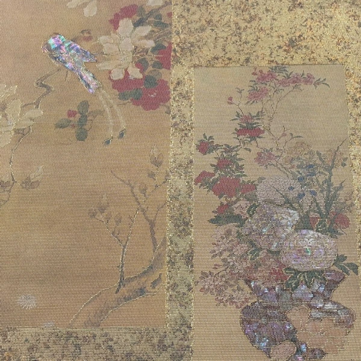 【美品】 袋帶 秀品級 關西仕立 短冊 花鳥 螺鈿金金箔 金銀彩 お太鼓圖案 純蠶絲