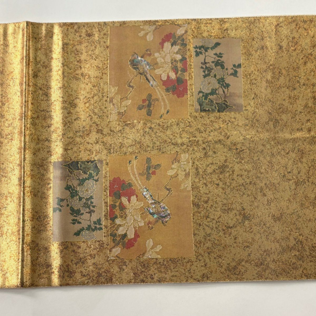 【美品】 袋帶 秀品級 關西仕立 短冊 花鳥 螺鈿金金箔 金銀彩 お太鼓圖案 純蠶絲
