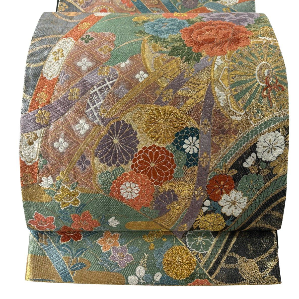 袋帶 秀品級 振袖禮服禮服用 關西仕立 花車 鏡裏文 金絲 金金箔 淺綠 六通 純蠶絲