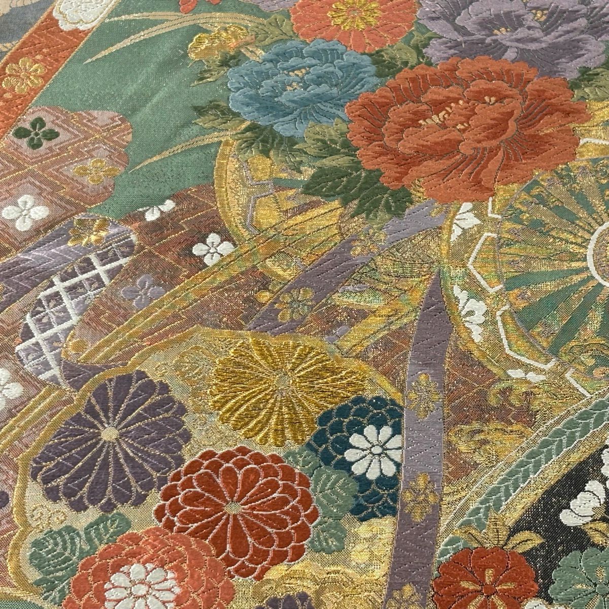 袋帶 秀品級 振袖禮服禮服用 關西仕立 花車 鏡裏文 金絲 金金箔 淺綠 六通 純蠶絲