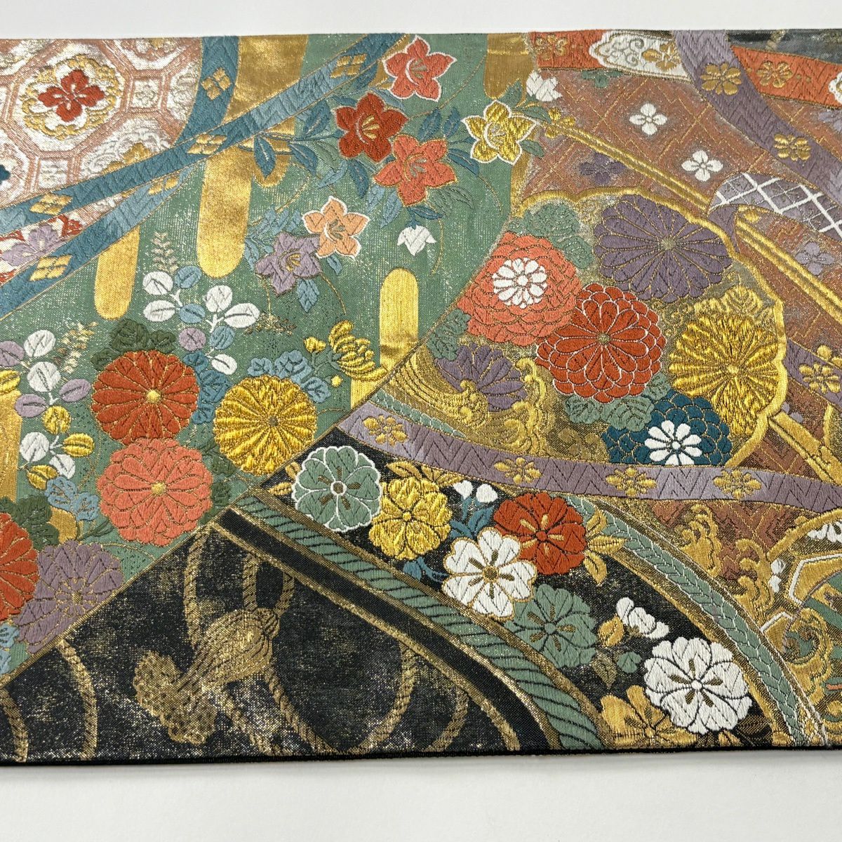 袋帶 秀品級 振袖禮服禮服用 關西仕立 花車 鏡裏文 金絲 金金箔 淺綠 六通 純蠶絲