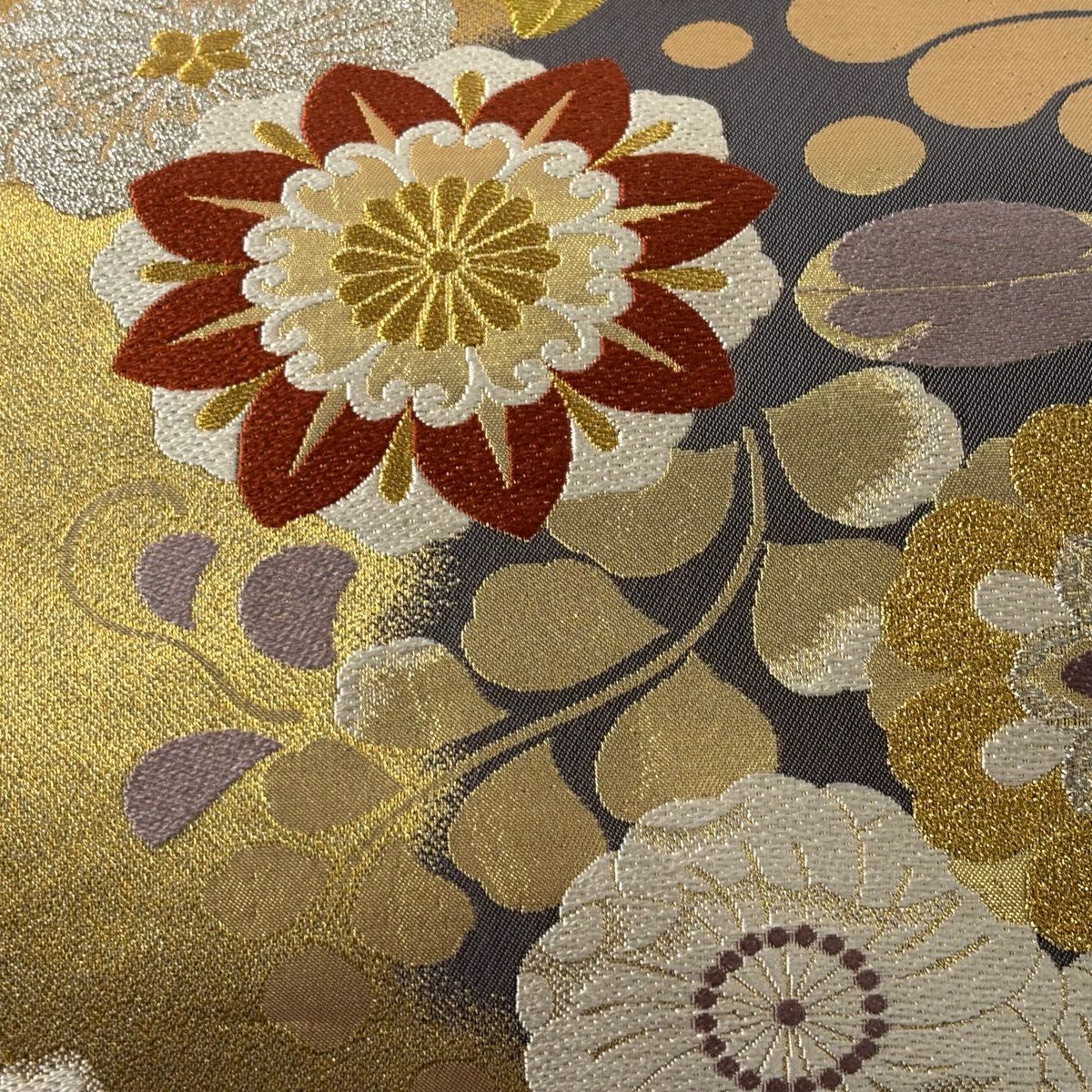 【美品】 袋帶 秀品級 證明書齊全 振袖禮服禮服用 草花紋紋 霞 金銀線 金金箔 灰紫 六通 純蠶絲