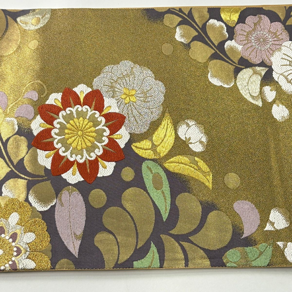 【美品】 袋帶 秀品級 證明書齊全 振袖禮服禮服用 草花紋紋 霞 金銀線 金金箔 灰紫 六通 純蠶絲