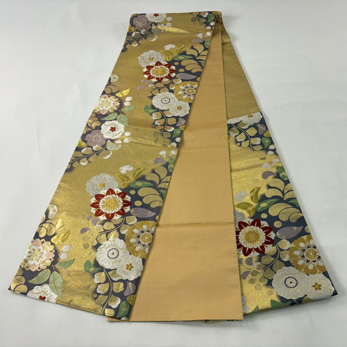 【美品】 袋帶 秀品級 證明書齊全 振袖禮服禮服用 草花紋紋 霞 金銀線 金金箔 灰紫 六通 純蠶絲