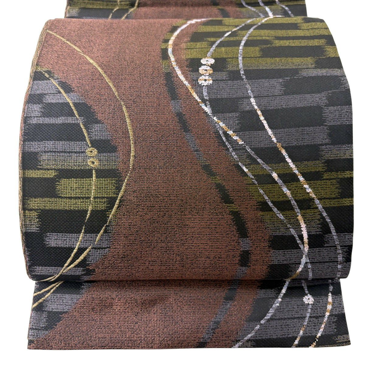 【美品】 袋帶 秀品級 附落款 寺田寛志 幾何學圖案 雨見泥染 紅紫 六通 純蠶絲