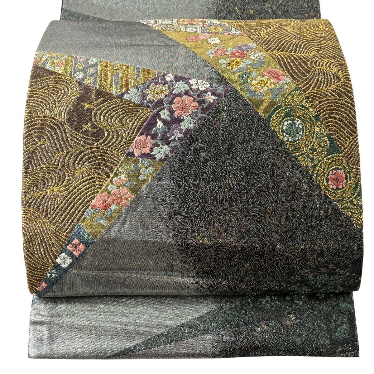 袋帶 秀品級 花唐草紋 蜀江文 金銀彩 青銅金箔 銀 六通 純蠶絲