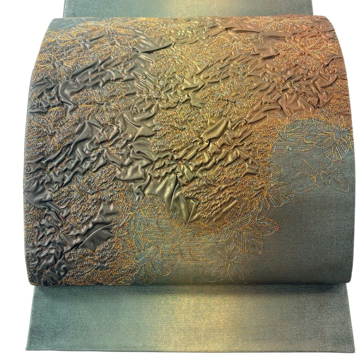 【美品】 袋帶 秀品級 證書齊全 大島紬織地 花 金金箔 金銀彩 灰綠 お太鼓圖案 純蠶絲
