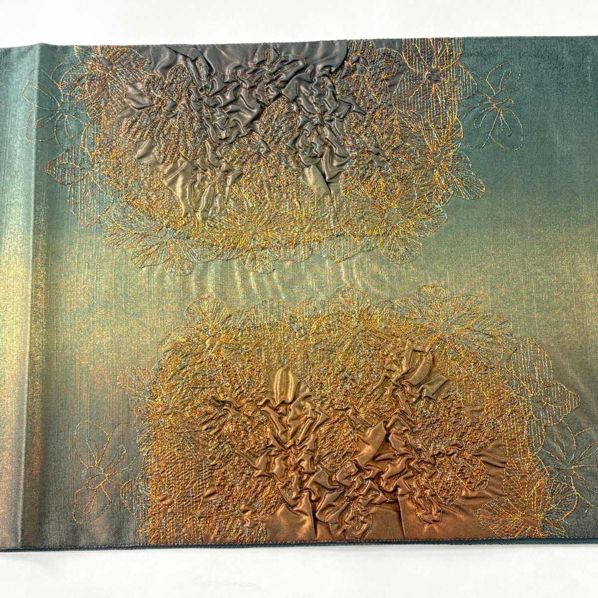 【美品】 袋帶 秀品級 證書齊全 大島紬織地 花 金金箔 金銀彩 灰綠 お太鼓圖案 純蠶絲