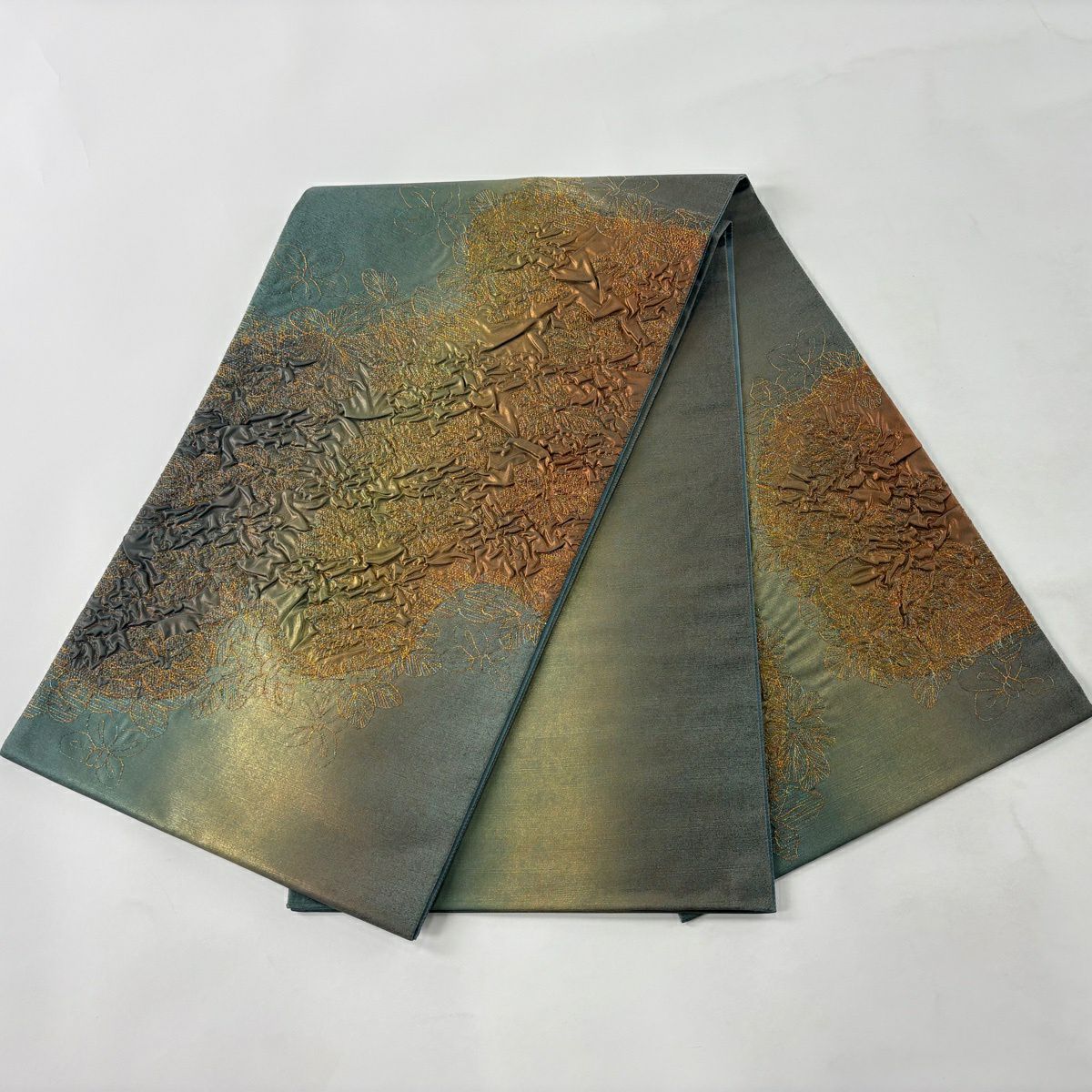 【美品】 袋帶 秀品級 證書齊全 大島紬織地 花 金金箔 金銀彩 灰綠 お太鼓圖案 純蠶絲