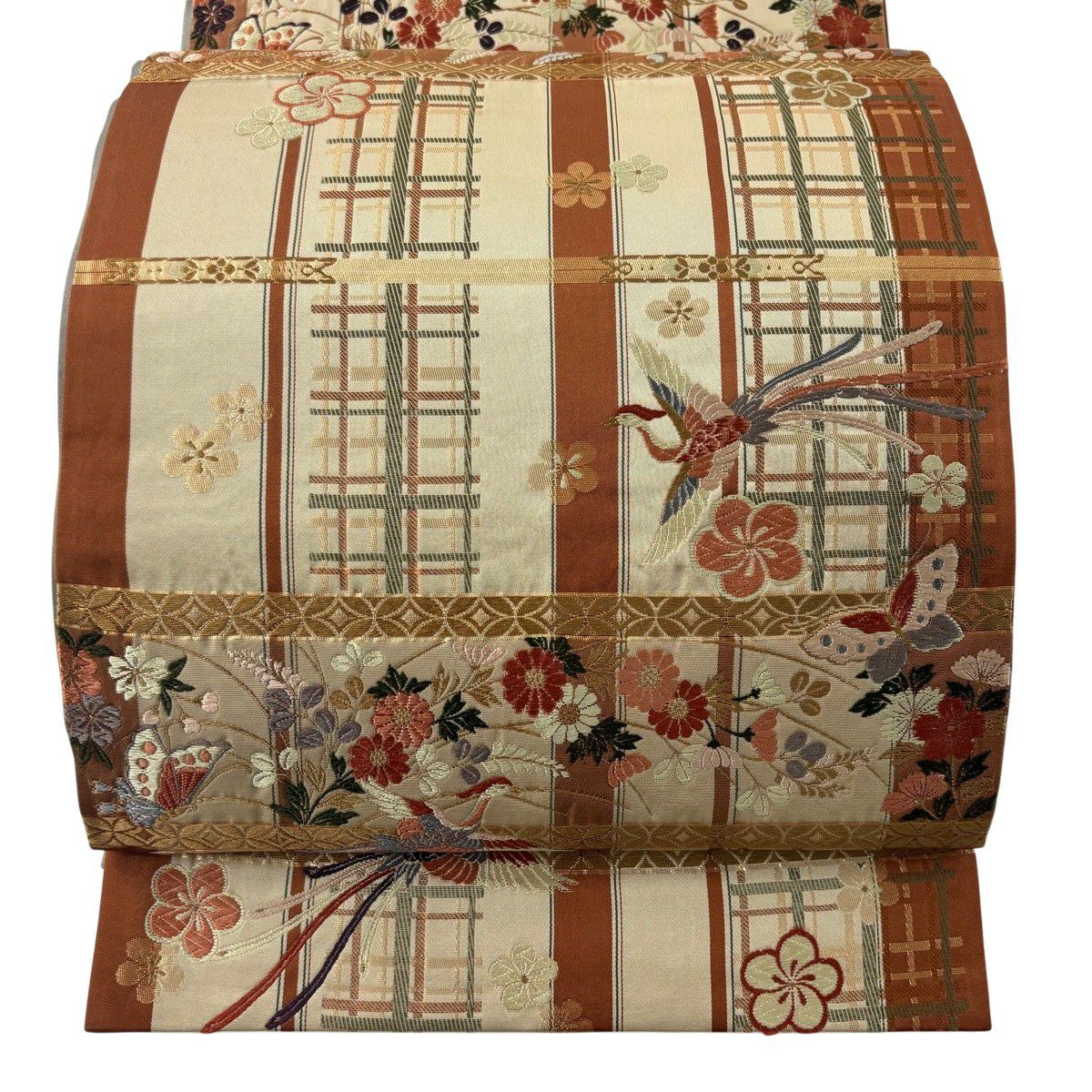 【美品】 袋帶 秀品級 草花紋紋 鳳凰 刺繡 金金箔 紅茶 六通 純蠶絲