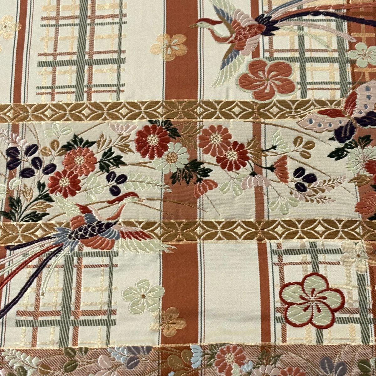 【美品】 袋帶 秀品級 草花紋紋 鳳凰 刺繡 金金箔 紅茶 六通 純蠶絲